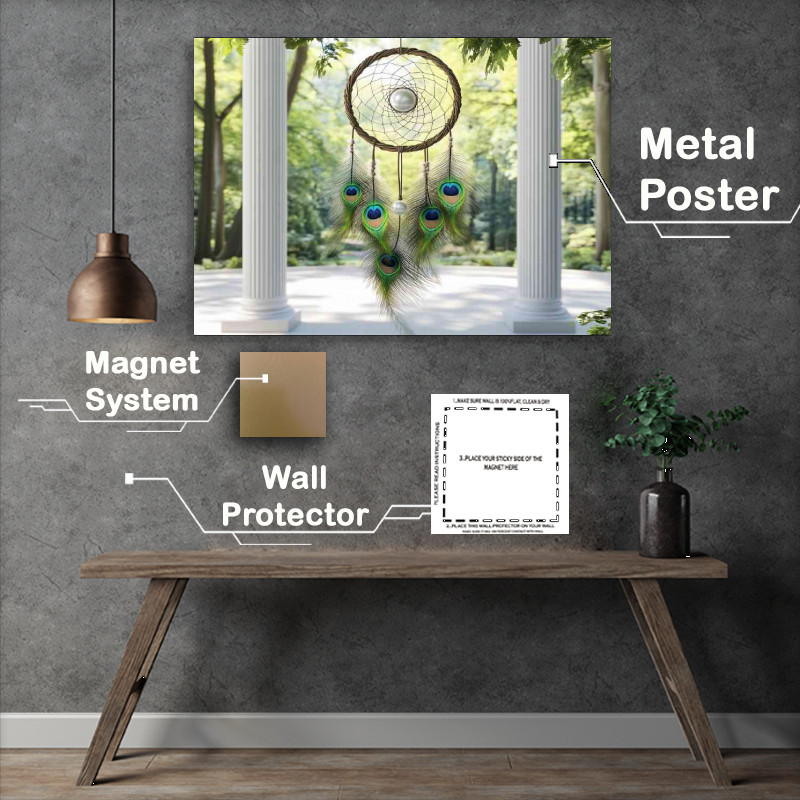 Buy Metal Poster : (Dreamcatcher with feathers and green leaves)