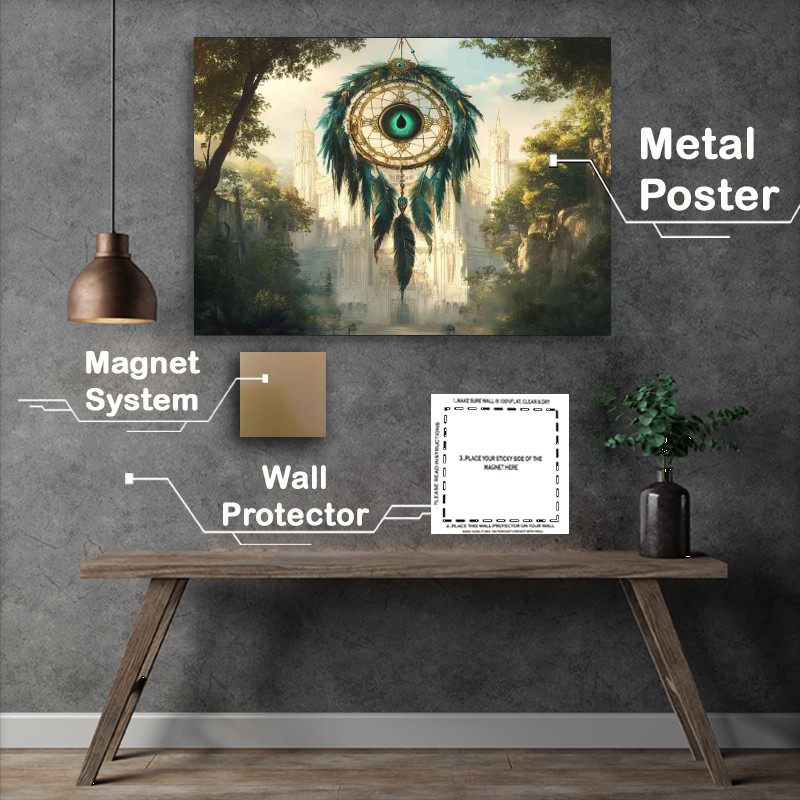 Buy Metal Poster : (Dreamcatcher with green and gold feathers hanging)