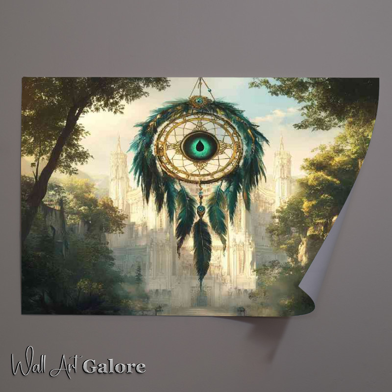 Buy Unframed Poster : (Dreamcatcher with green and gold feathers hanging)