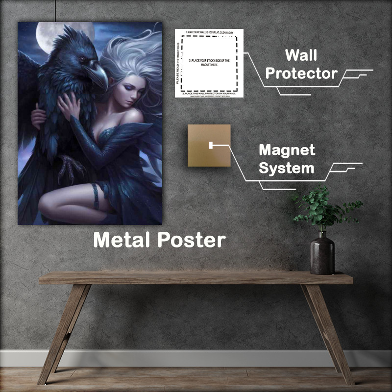 Buy Metal Poster : (Mystical woman with flowing silver hair and a giant crow)