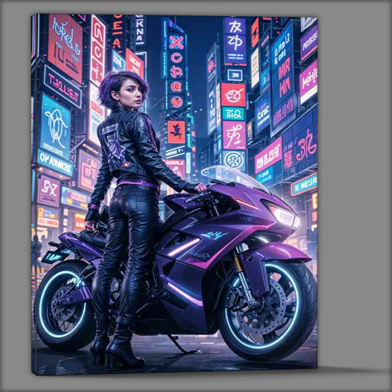Buy Canvas : (Purple racing bike in a neon lit city street)