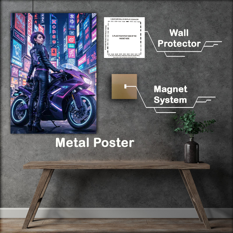 Buy Metal Poster : (Purple racing bike in a neon lit city street)