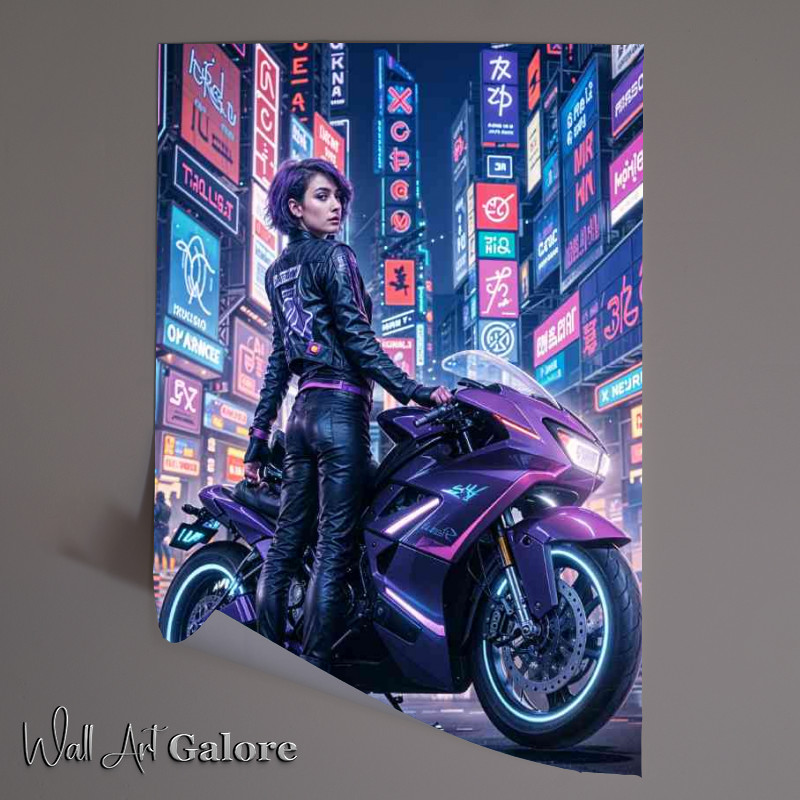 Buy Unframed Poster : (Purple racing bike in a neon lit city street)