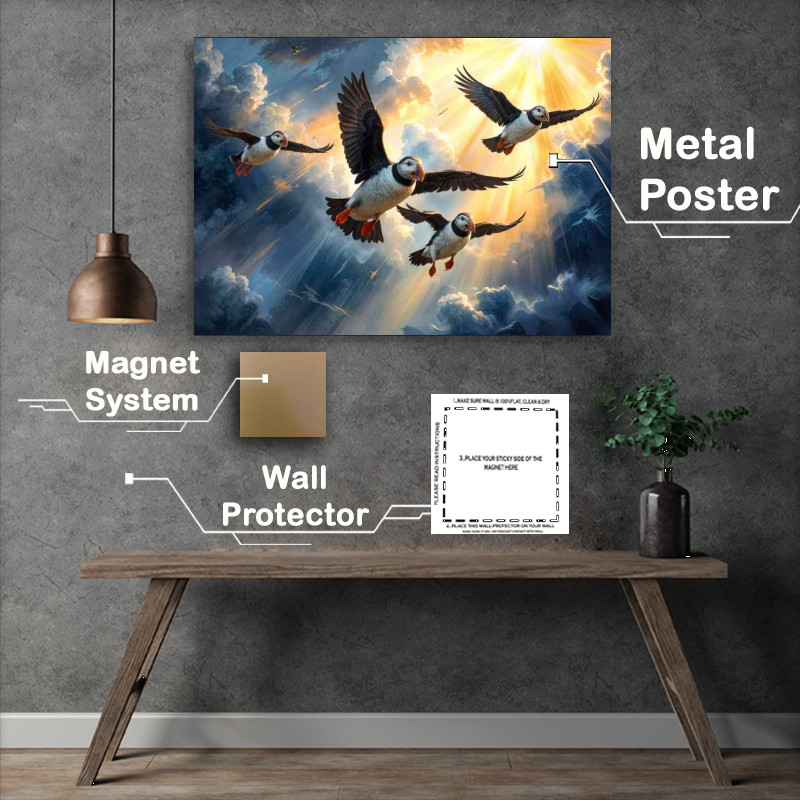 Buy Metal Poster : (Flock of puffins flying through the sky)