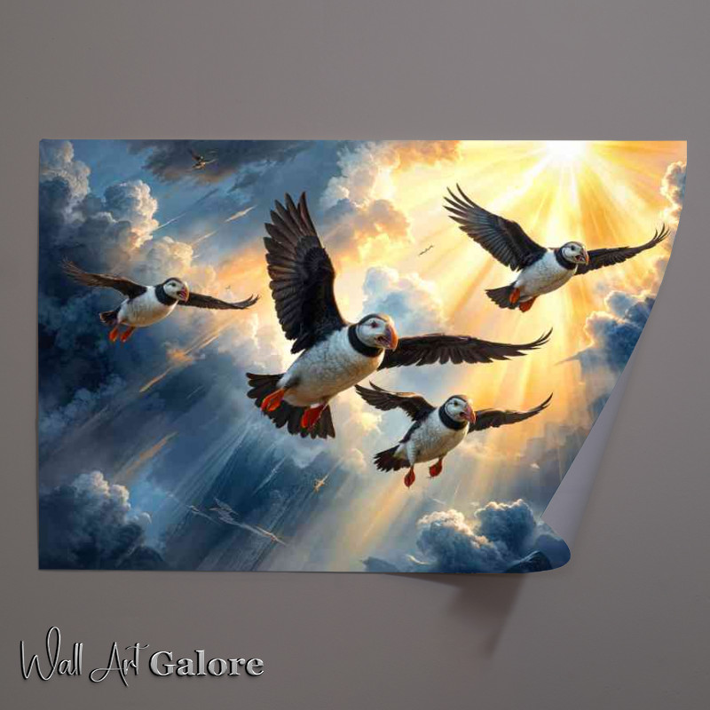 Buy Unframed Poster : (Flock of puffins flying through the sky)