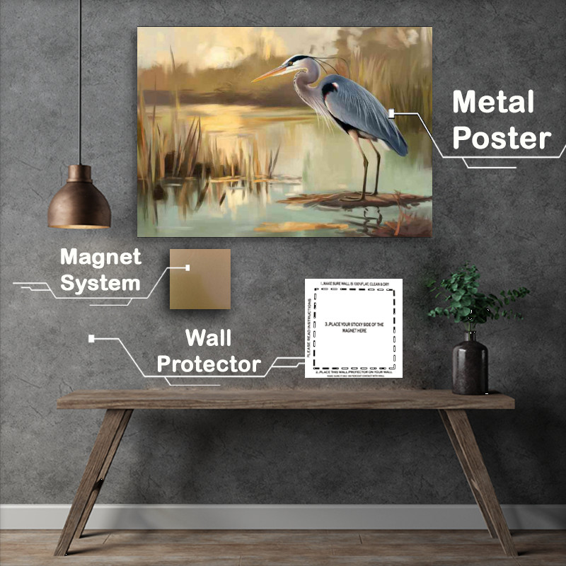 Buy Metal Poster : (Wetlands and a heron bird)
