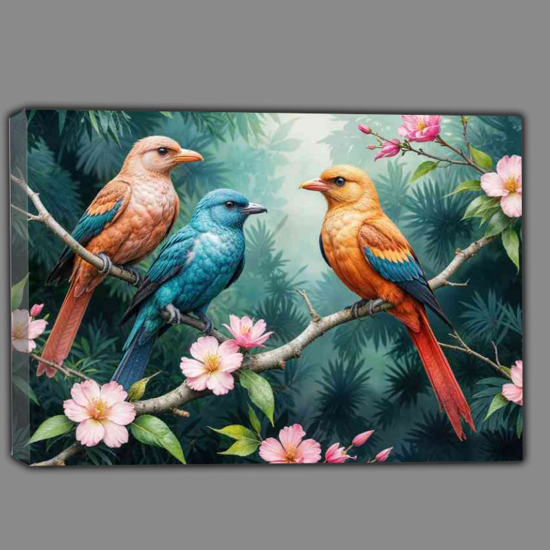 Buy Canvas : (three birds percched in a forest)