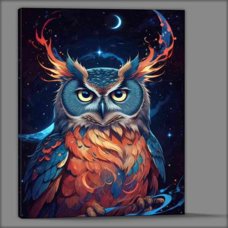 Buy Canvas : (Colourful majestic owl at night yellow eyes)