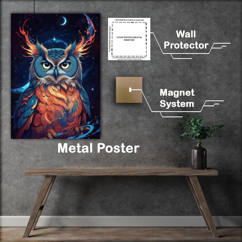 Buy Metal Poster : (Colourful majestic owl at night yellow eyes)