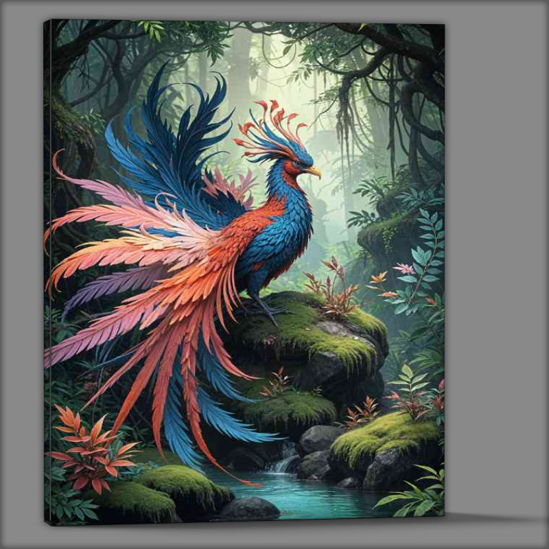 Buy Canvas : (Fantastical phoenix bird perched on a mossy rock)