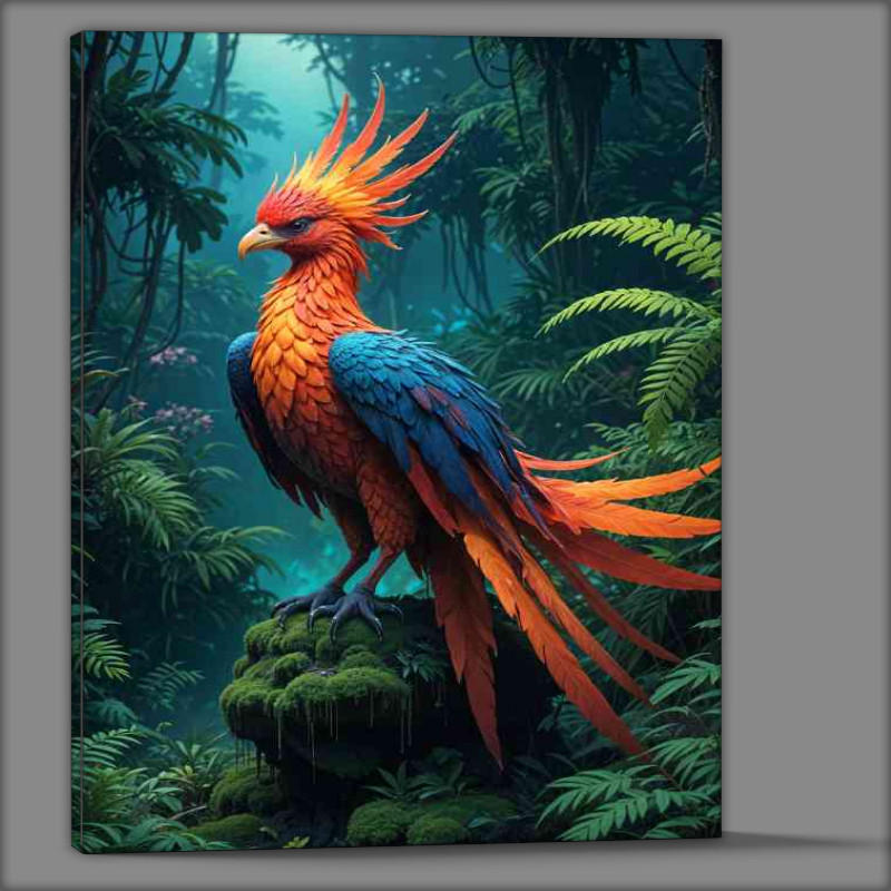 Buy Canvas : (Fantastical phoenix bird with vibrant feathers perched on a mossy rock)