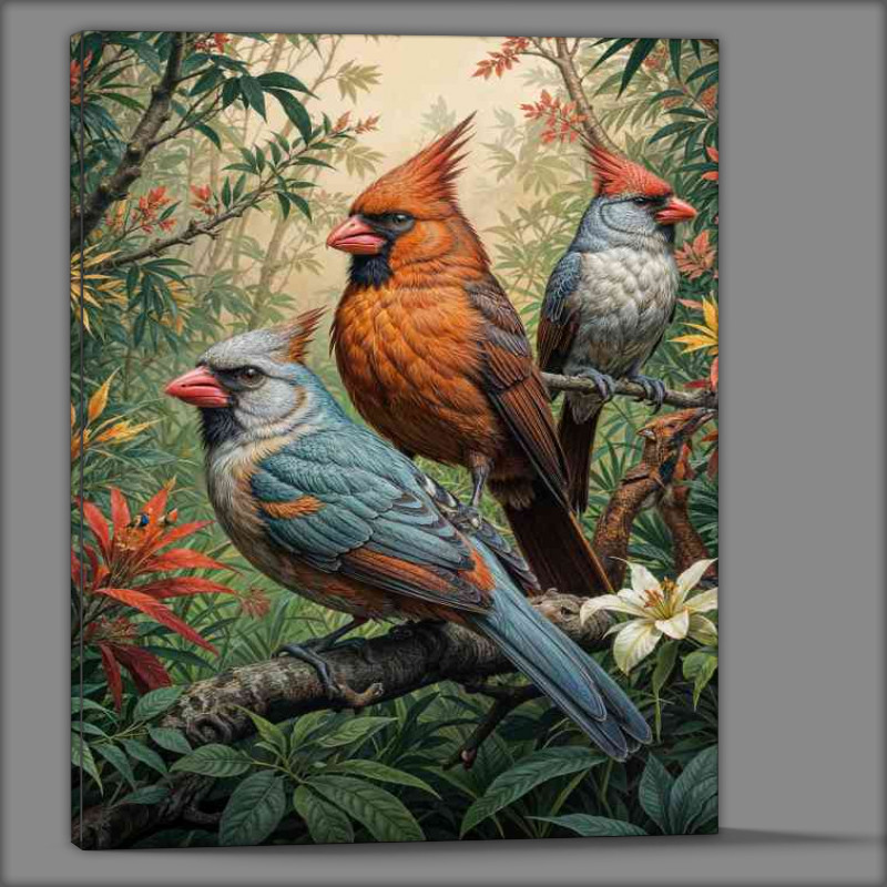 Buy Canvas : (Painted northern cardinal birds in the forest)