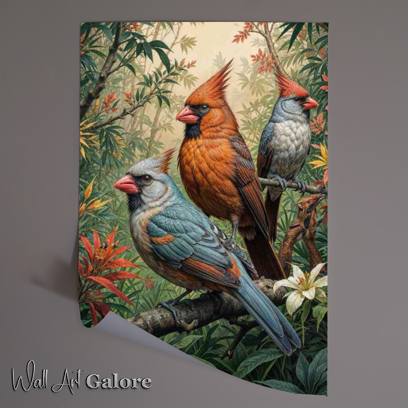 Buy Unframed Poster : (Painted northern cardinal birds in the forest)