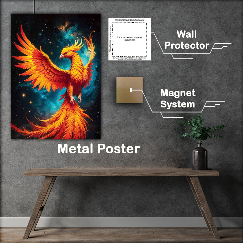 Buy Metal Poster : (Pheonix with fire embers feathers in space nebula)