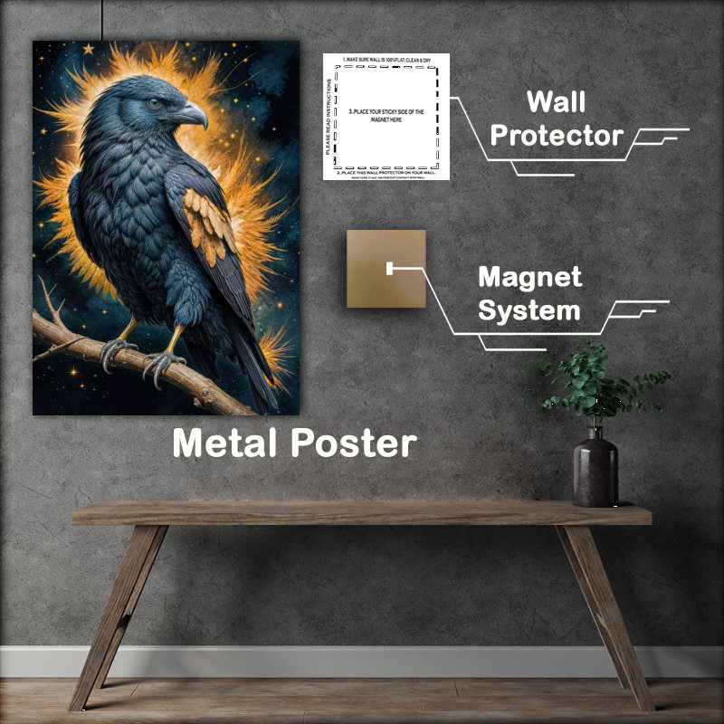 Buy Metal Poster : (Silver blue raven perched high)