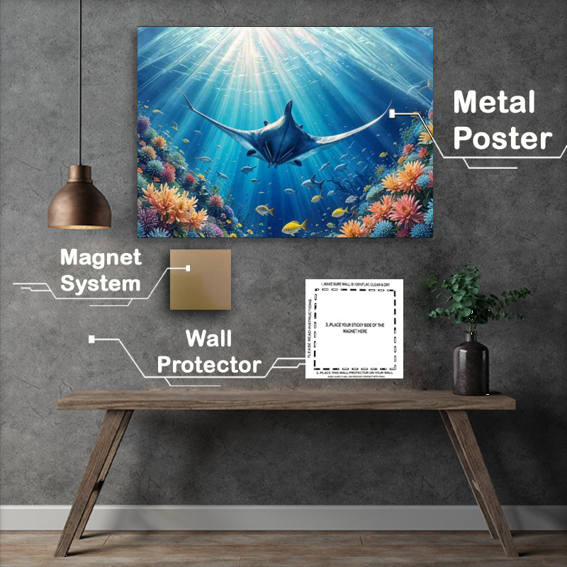Buy Metal Poster : (A large blue mantra ray swimming in an underwater ocean scene)