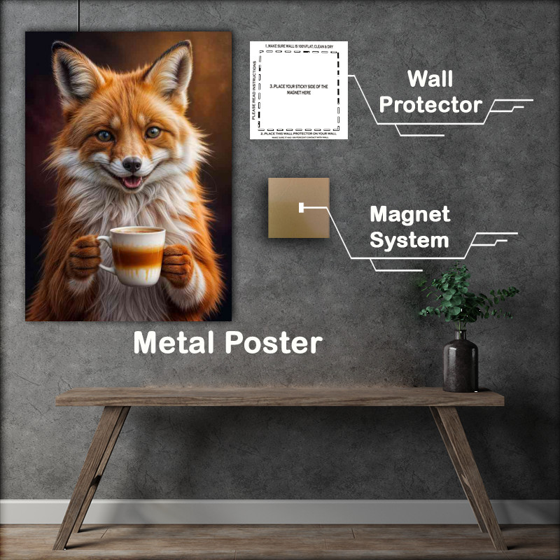 Buy Metal Poster : (Happy red fox with a latte coffee)