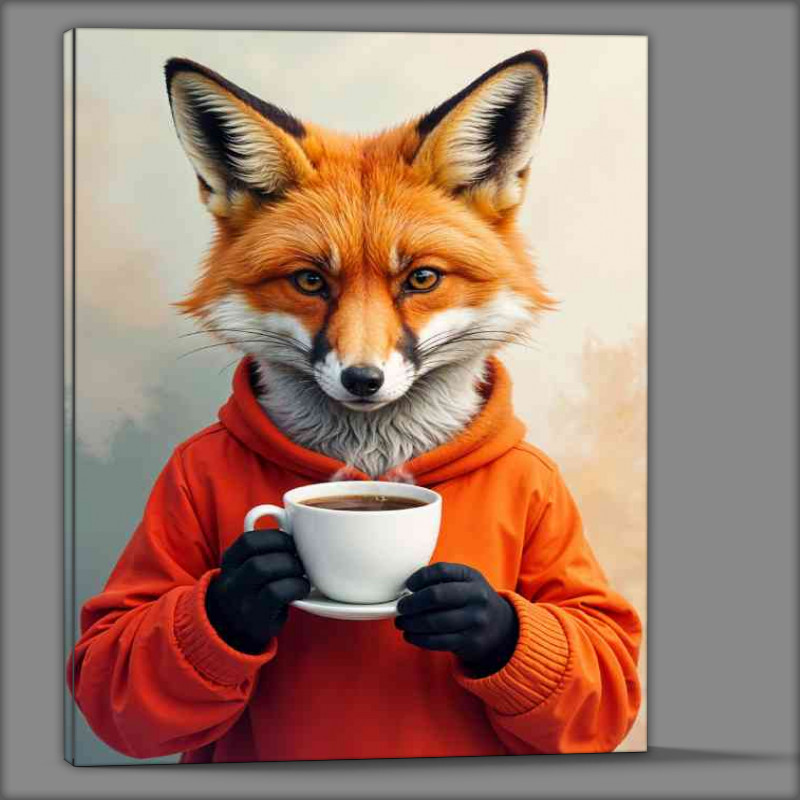 Buy Canvas : (Red fox having a cup of latte coffe with a abstract background)