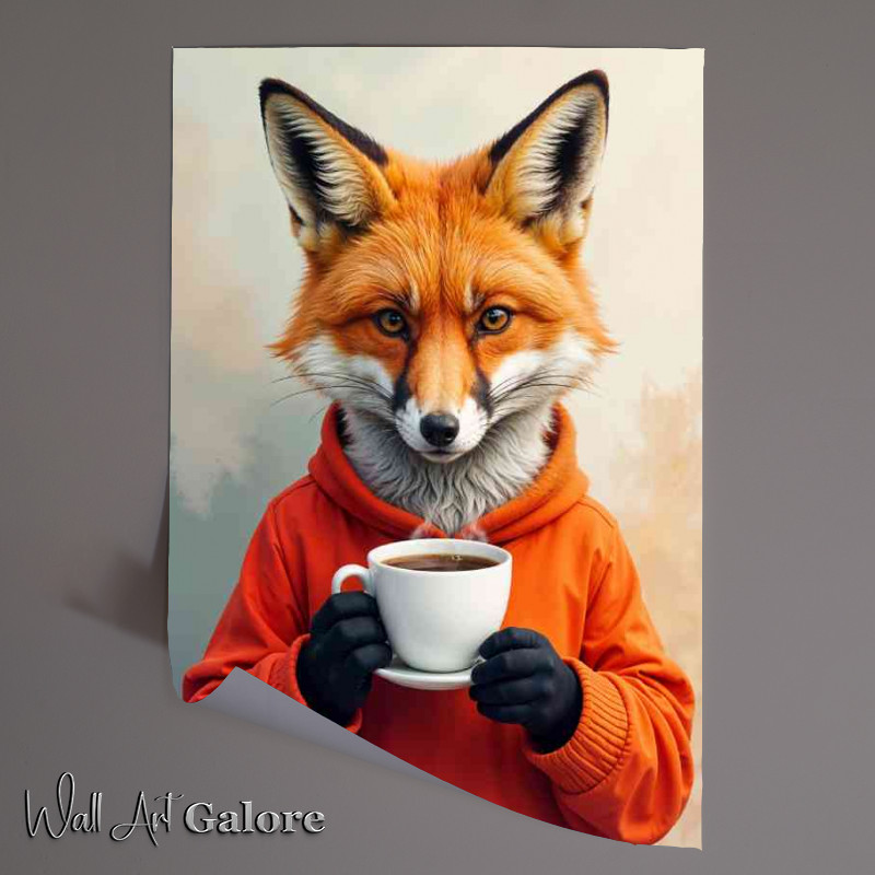 Buy Unframed Poster : (Red fox having a cup of latte coffe with a abstract background)