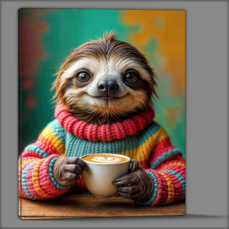 Buy Canvas : (Sloth enjoying a coffee wearing a bright pull over)