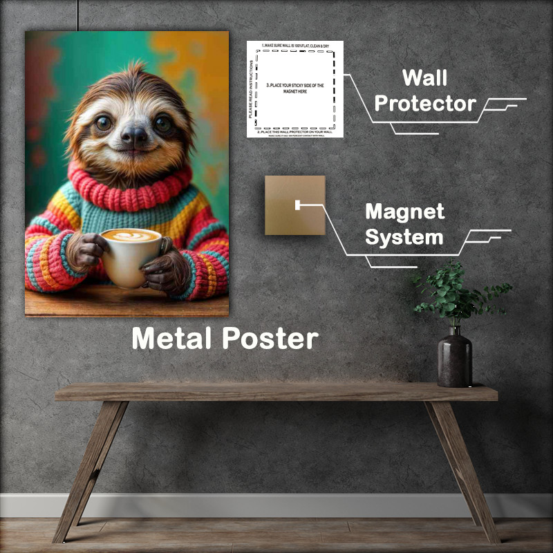 Buy Metal Poster : (Sloth enjoying a coffee wearing a bright pull over)