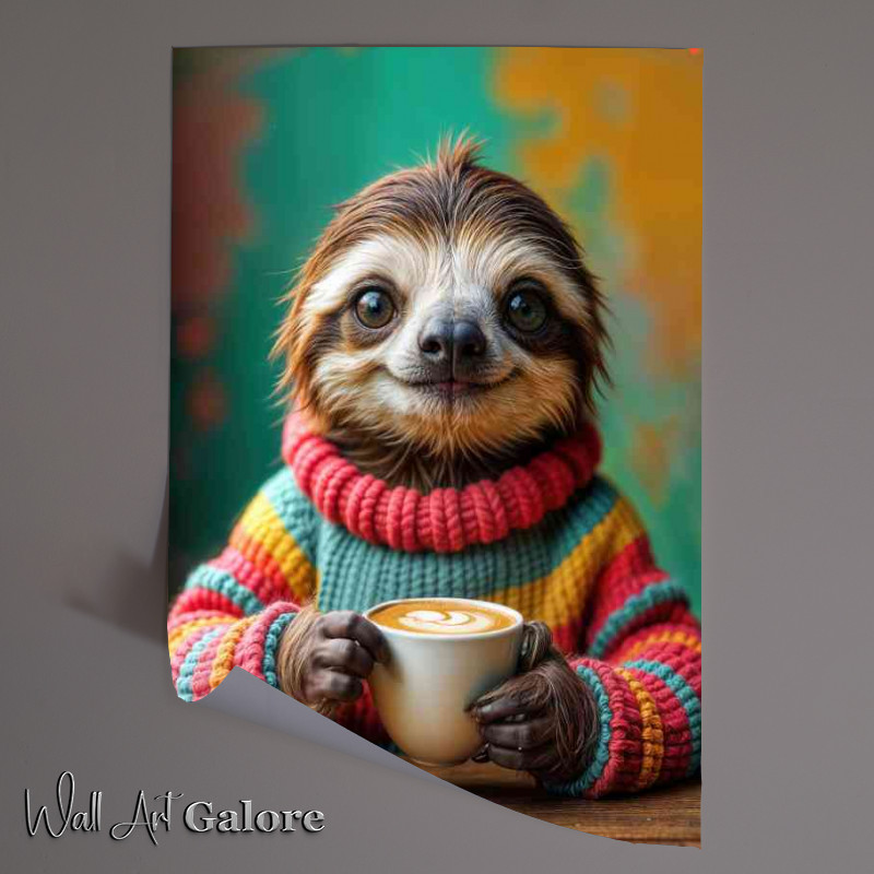 Buy Unframed Poster : (Sloth enjoying a coffee wearing a bright pull over)