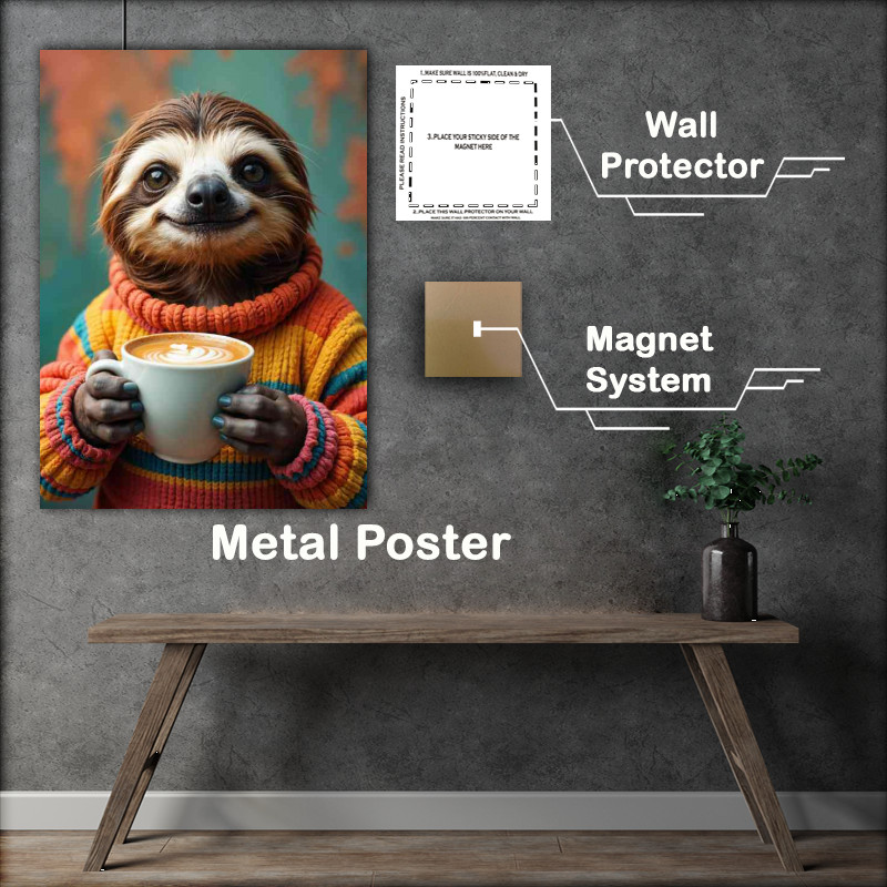 Buy Metal Poster : (Sloth wearing a striped sweater having a nice cup of latte coffee)