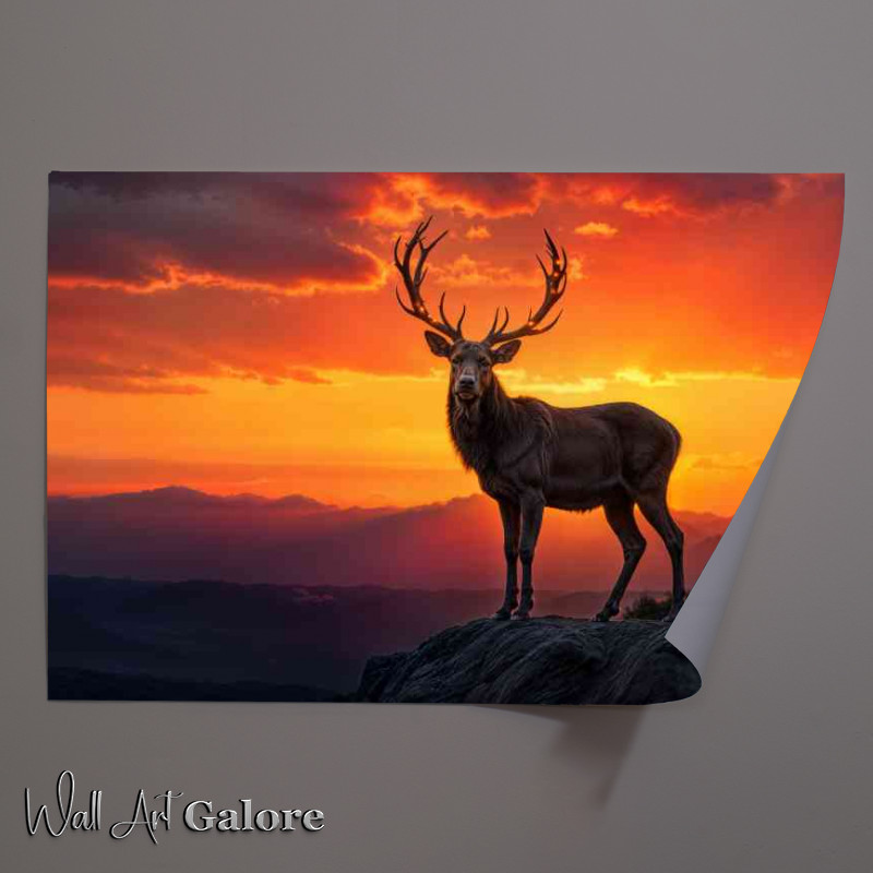 Buy Unframed Poster : (Male deer in glowing sunset)