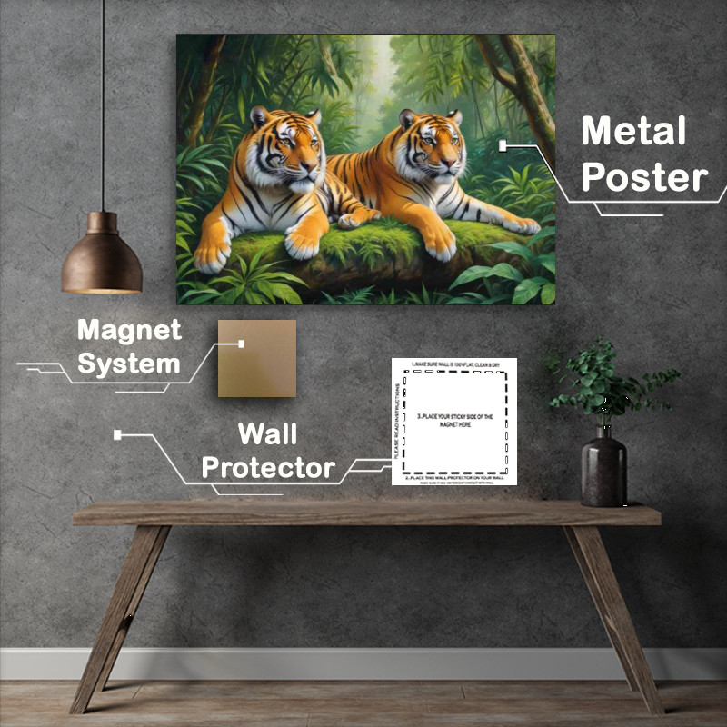 Buy Metal Poster : (Two adult tigers resting in a green jungle environment)
