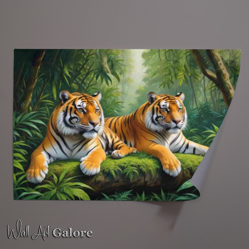 Buy Unframed Poster : (Two adult tigers resting in a green jungle environment)