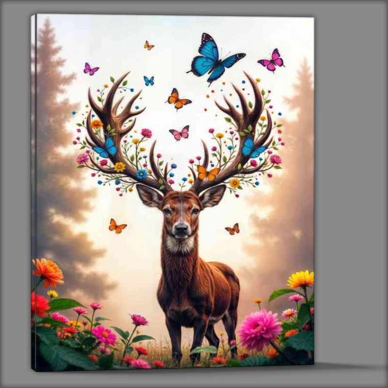 Buy Canvas : (Deer in the woods with tall trees and butterflies)