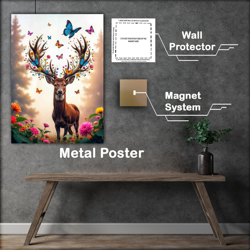 Buy Metal Poster : (Deer in the woods with tall trees and butterflies)