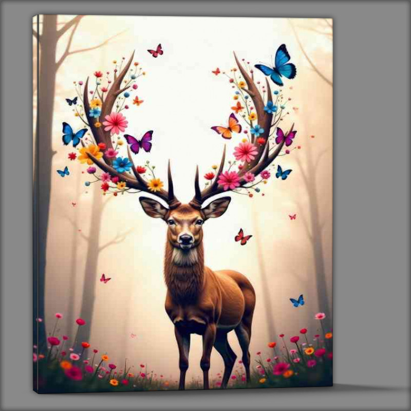 Buy Canvas : (Deer stag with flowers and butterflies in the woods)