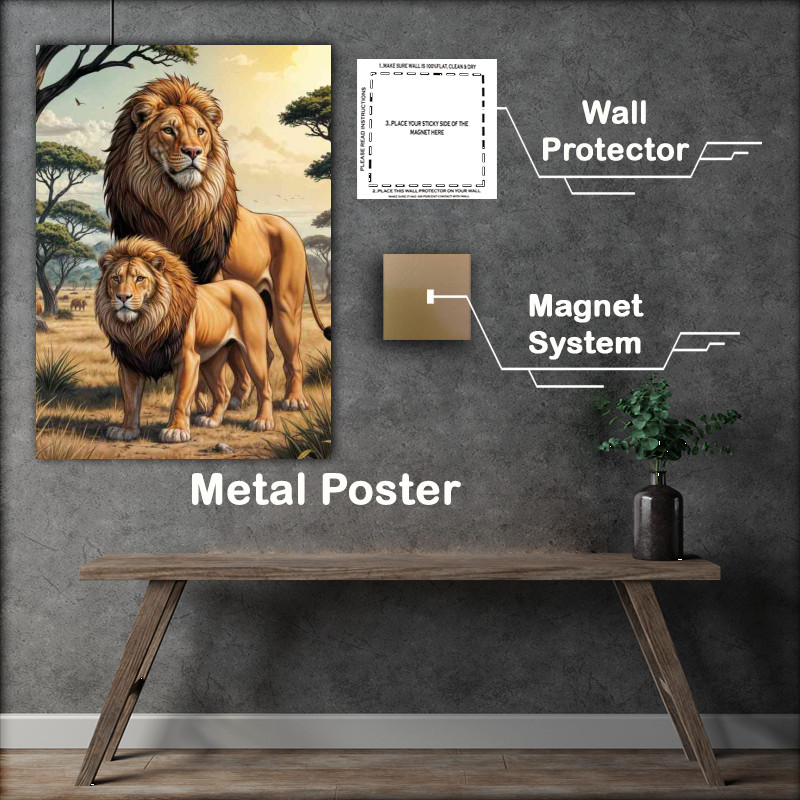 Buy Metal Poster : (Large male lion with son in the savanna)