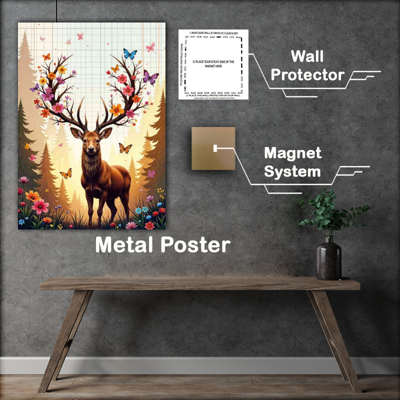 Buy Metal Poster : (Magical deer with butterflies and rainbow flowers)