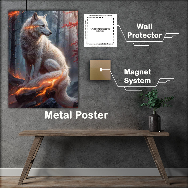 Buy Metal Poster : (Majestic white wolf with flowing fur and glowing fire)