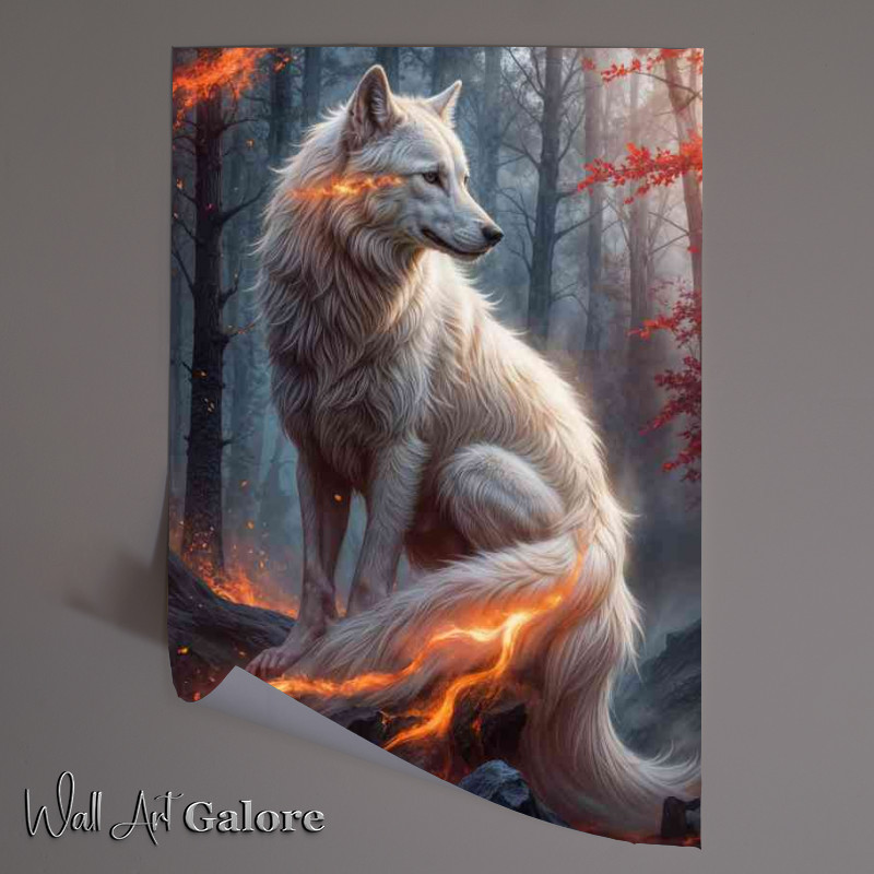 Buy Unframed Poster : (Majestic white wolf with flowing fur and glowing fire)