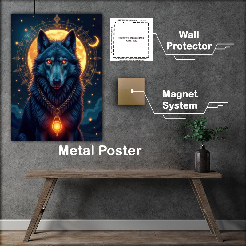 Buy Metal Poster : (Shimmering blue and grey wolf with the moon)