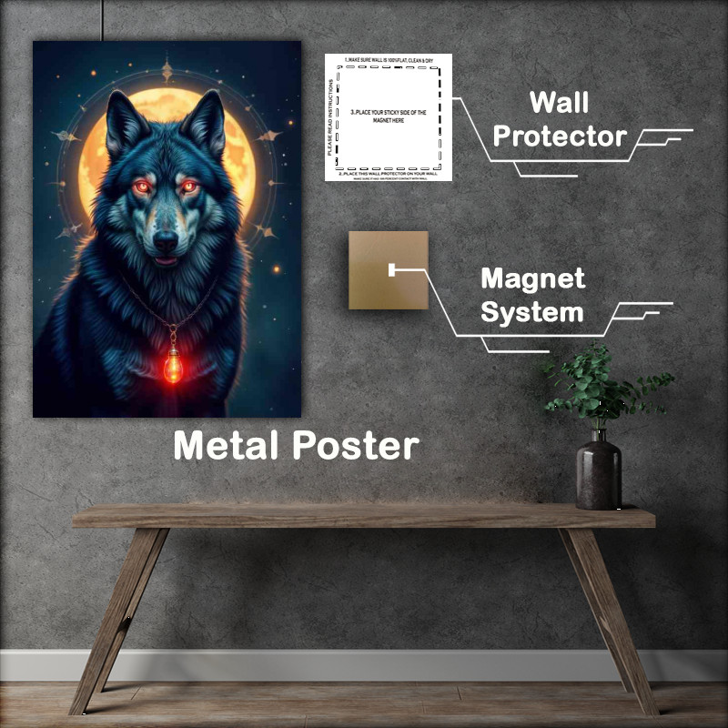 Buy Metal Poster : (Shimmering blue and-grey wolf with glowing red eyes)