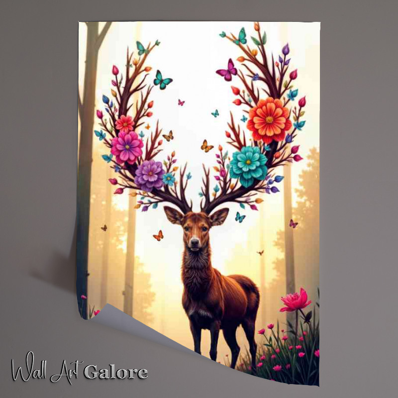 Buy Unframed Poster : (Stag with butterflies in its antlers in forest)