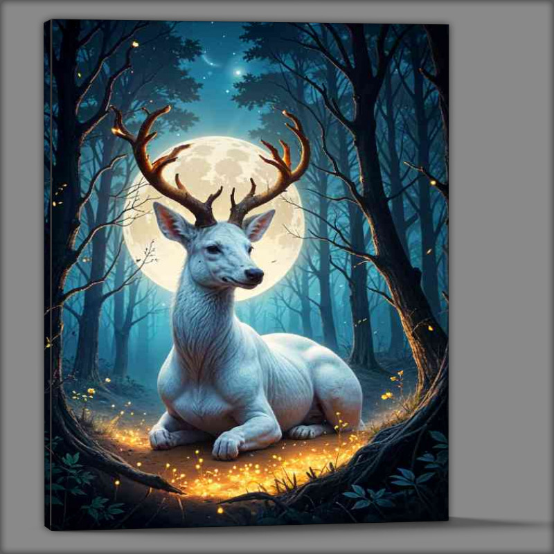 Buy Canvas : (White deer with glowing antlers sitting in a magical forest)