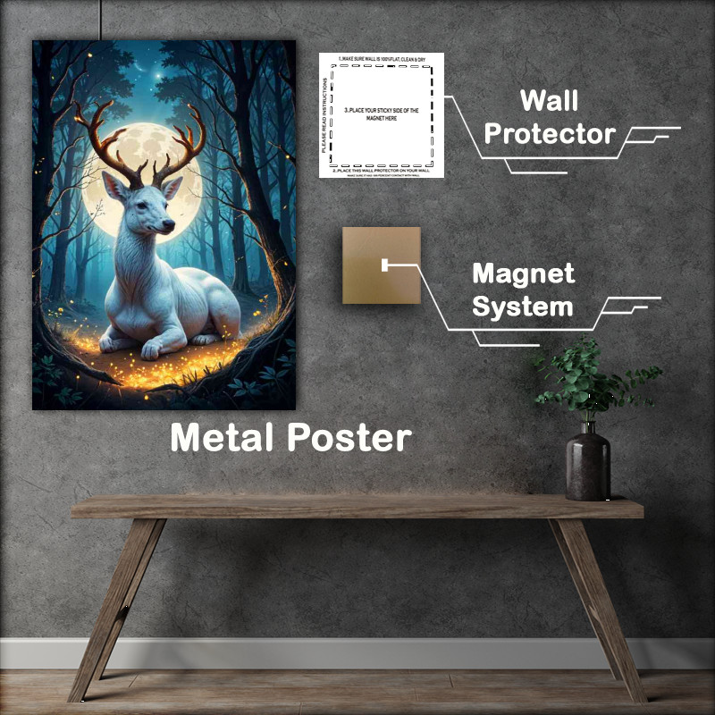 Buy Metal Poster : (White deer with glowing antlers sitting in a magical forest)