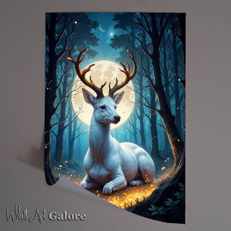 Buy Unframed Poster : (White deer with glowing antlers sitting in a magical forest)