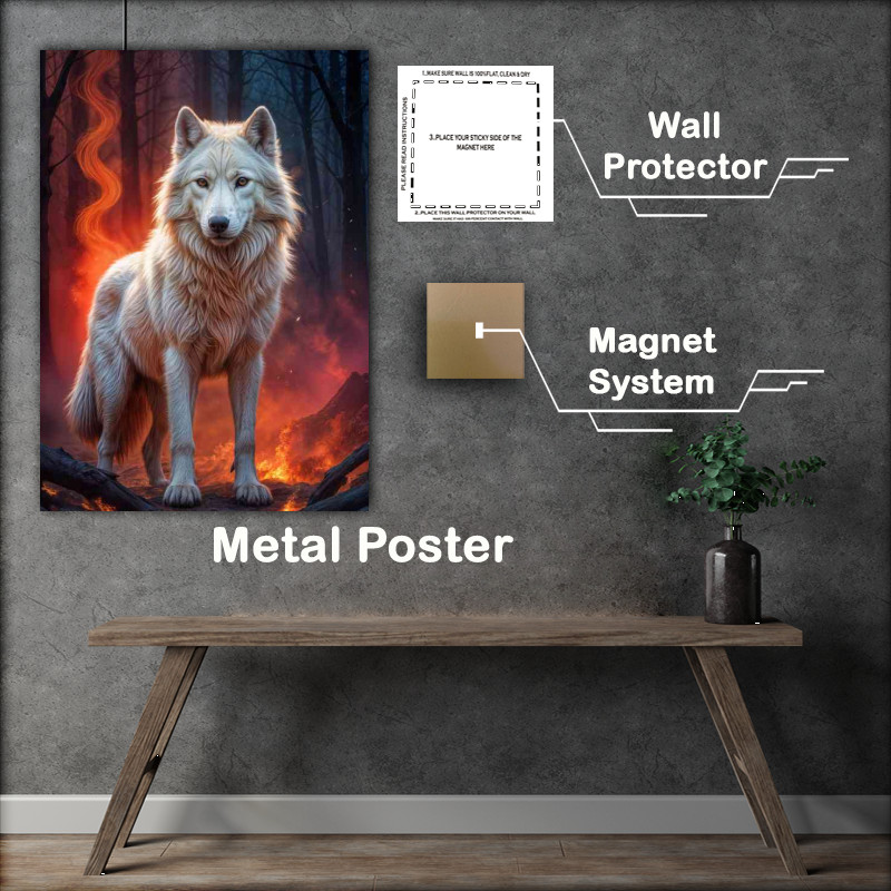 Buy Metal Poster : (White wolf in the firey woods)