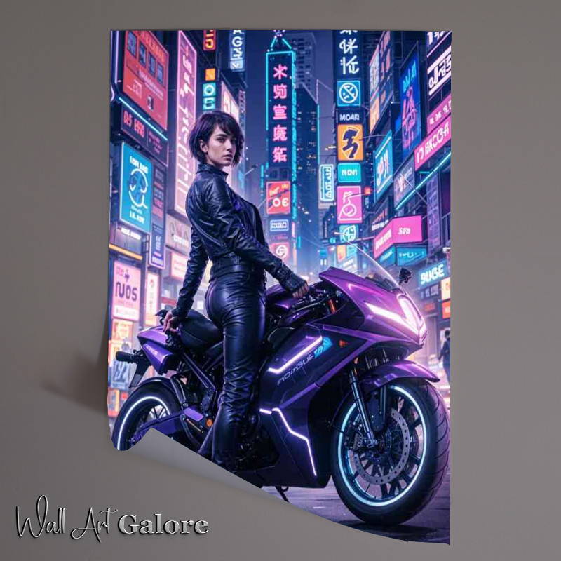 Buy Unframed Poster : (Futuristic purple motorcycle in a neon lit city street)