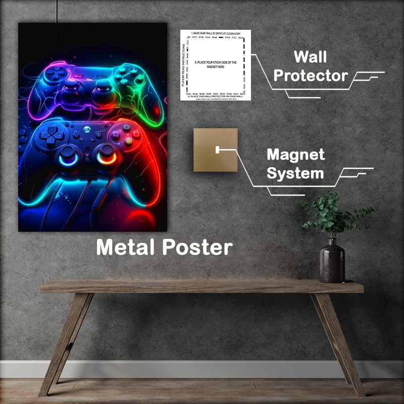 Buy Metal Poster : (Pair of ultimate gaming controllers in neon)