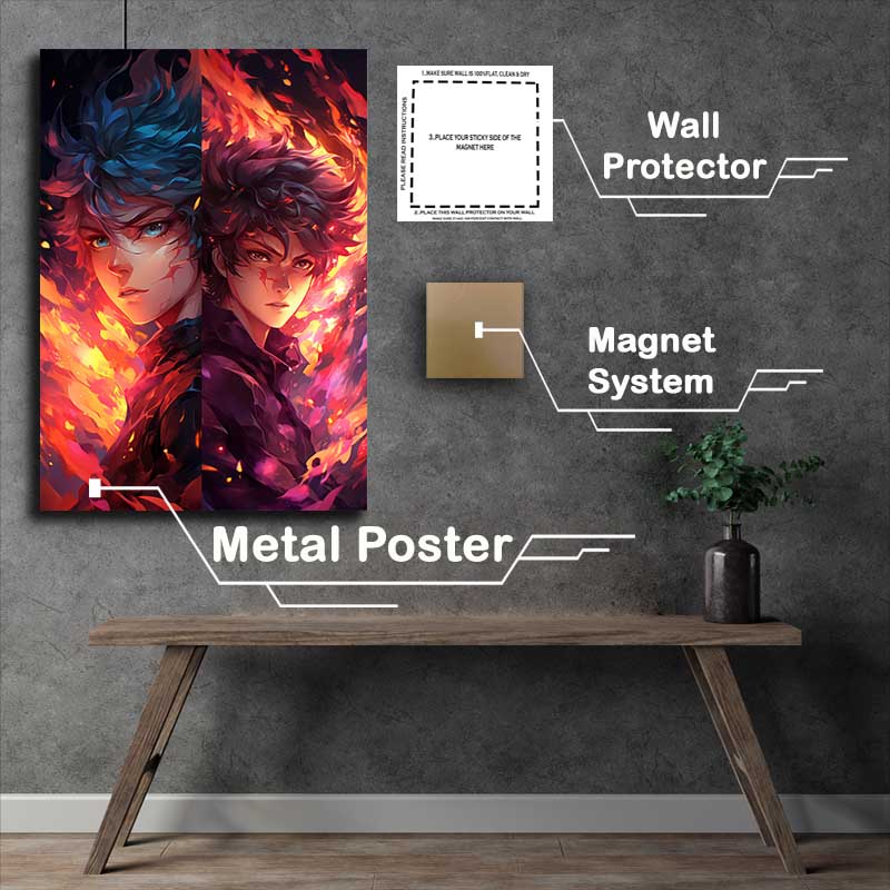 Buy Metal Poster : (Anime of two boys with fire in the style of dark pink)