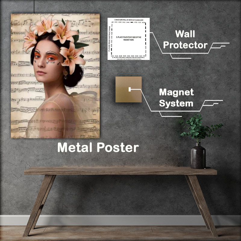 Buy Metal Poster : (Woman with a serene expression with musical notes)