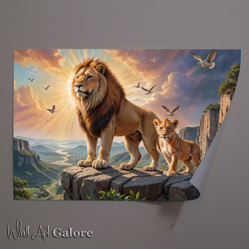 Buy Unframed Poster : (The lion king and his cub on the rocks)
