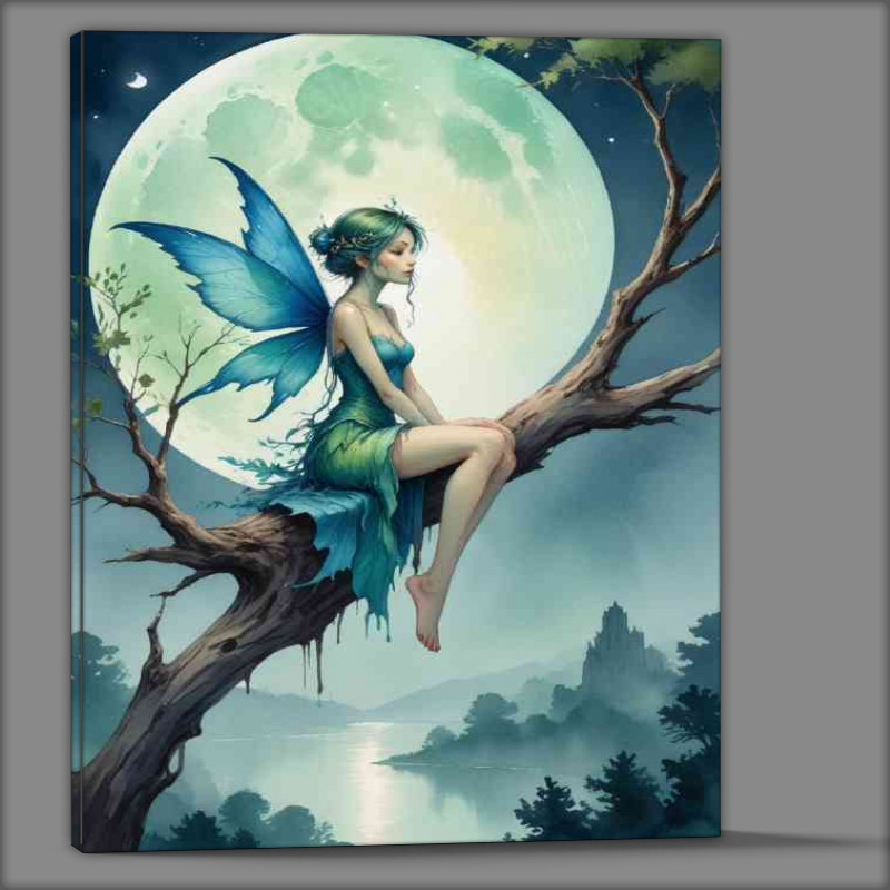 Buy Canvas : (Fairy with blue and green wings sitting on a tree branch)